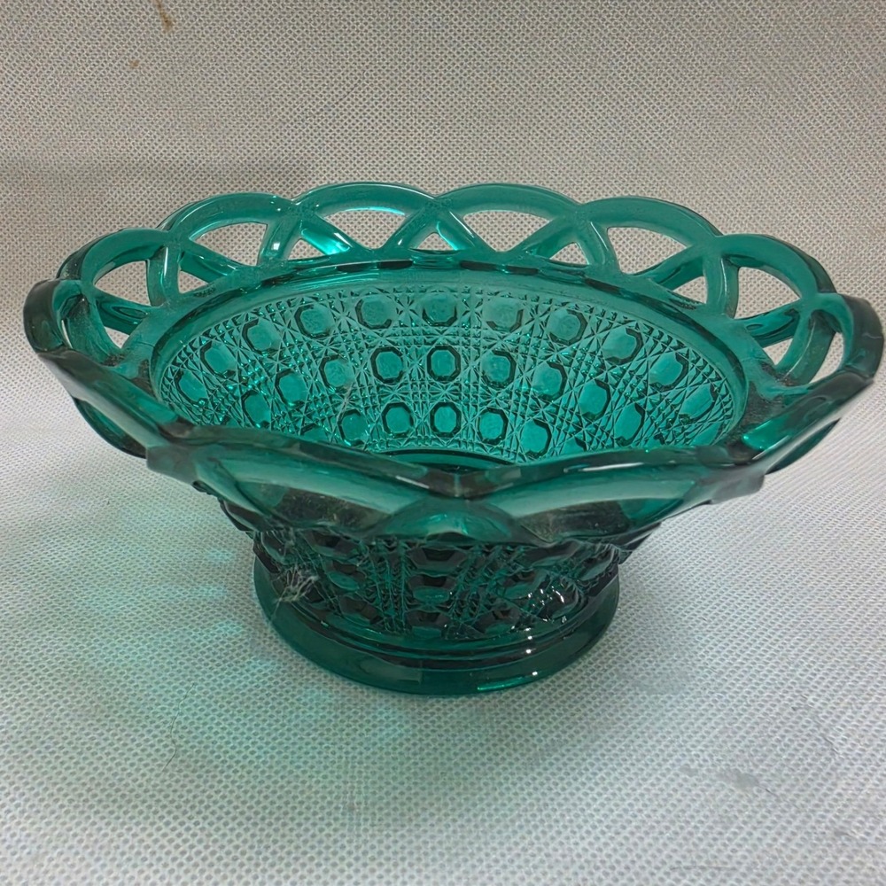 Imperial Glass Teal Green Open Lace Edge Button and Cane Footed Bowl